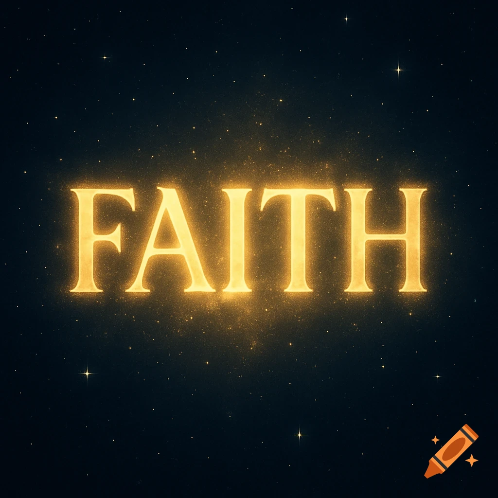 The word 'FAITH' glowing in golden letters against a dark, starry background.