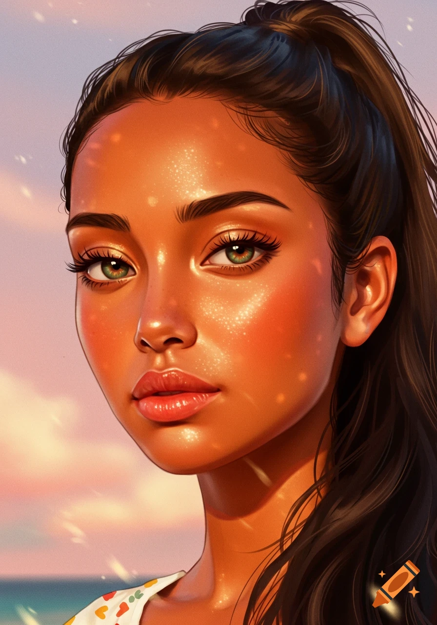 Close-up digital art portrait of a young woman with tanned skin, green eyes, and dark hair in a ponytail, with sparkling highlights.