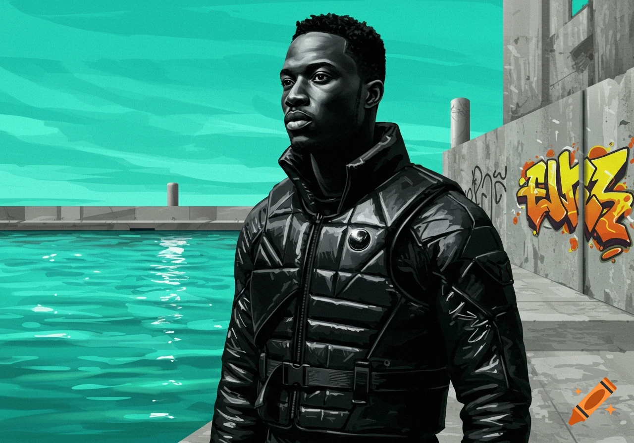 Stylized portrait of a Black man in a black puffer jacket standing by a teal canal with urban graffiti on a concrete wall.