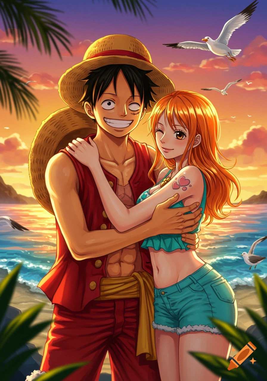 Luffy and Nami from One Piece embrace on a beach at sunset, with seagulls flying above.