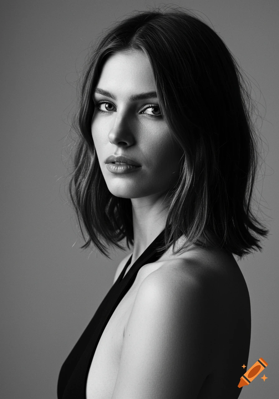 Black and white studio portrait of a young woman with wavy hair, dramatic lighting, and a neutral background.