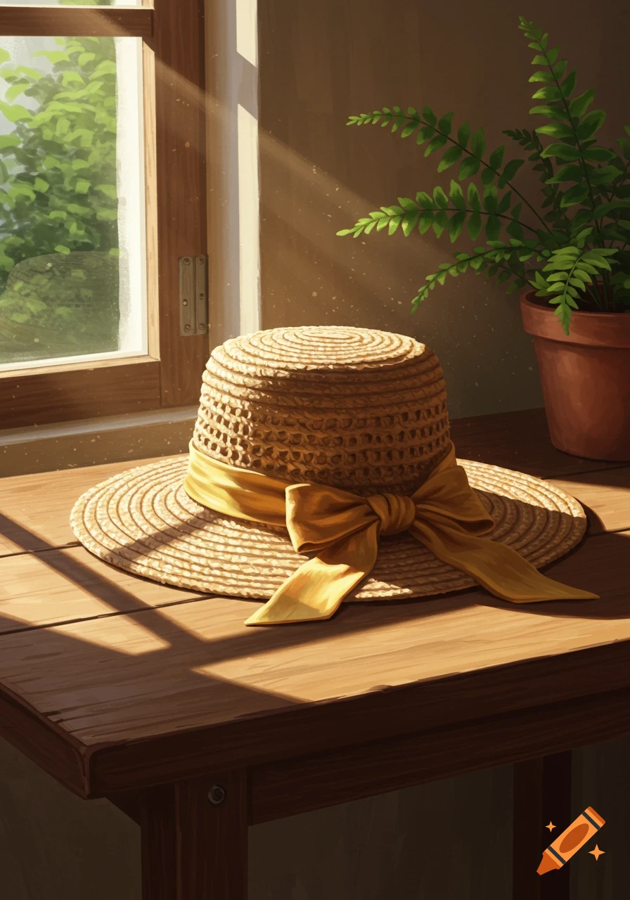 A straw hat with a yellow ribbon sits on a wooden table, illuminated by sunlight streaming through a window next to a potted fern.