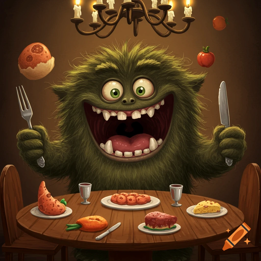 A cartoonish, hairy, green monster with a wide, toothy grin sits at a dining table, holding a fork and knife, surrounded by various dishes under a chandelier.