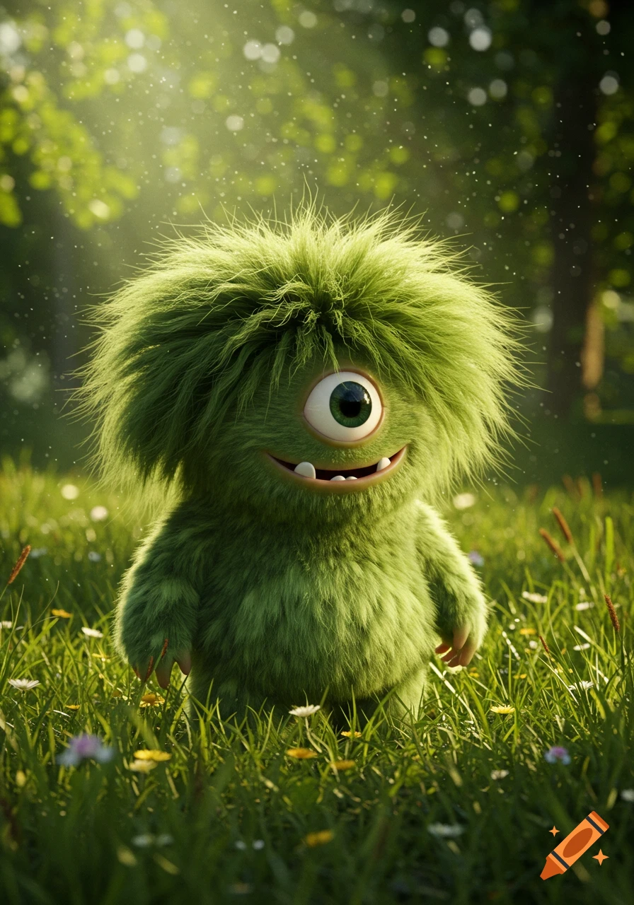 A furry green one-eyed monster with a smile stands in a sun-dappled grassy field with flowers.