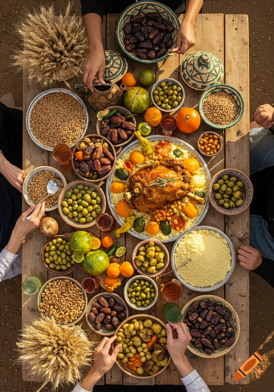 Overhead view of a Moroccan feast on a rustic wooden table with roasted lamb, couscous, dates, olives, and people sharing food.