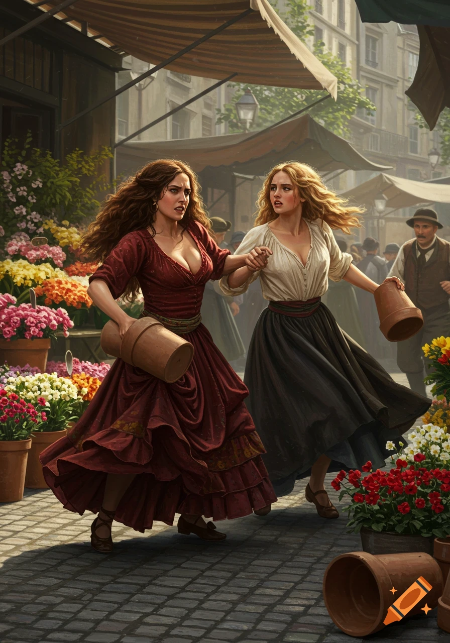 Two women in historical dresses, one with brown hair and a red dress, the other blonde in white, run through a bustling Parisian flower market, holding flower pots. Realist cinema style.