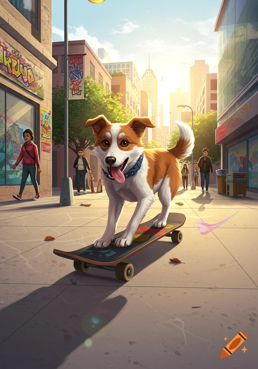 A happy cartoon dog on a skateboard rolls down a sunny city street.