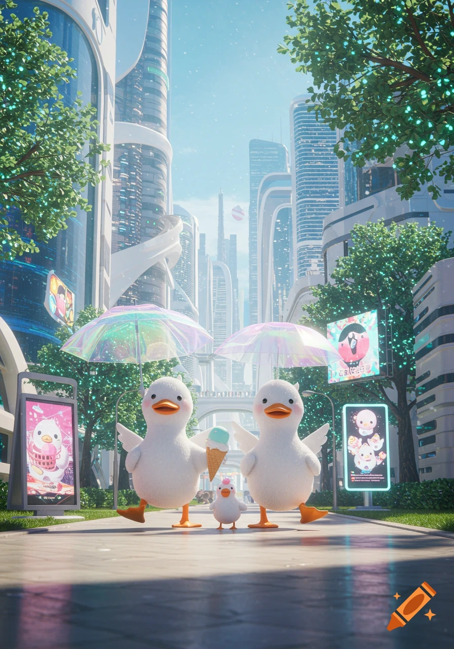 Two cuddly white ducks and a duckling walk down a futuristic city street with tall buildings and trees. One duck holds an ice cream under floating umbrellas.