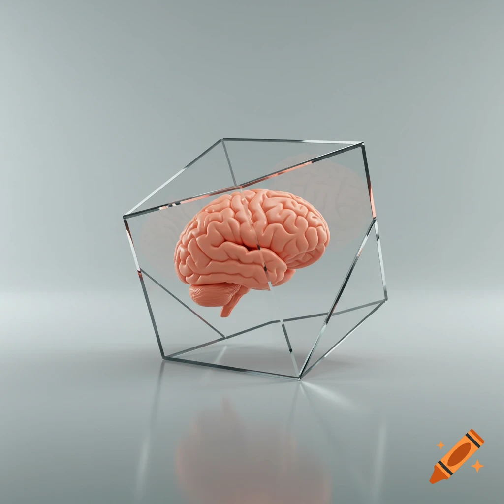 A peach-colored brain floats inside a clear glass tetrahedron, resting on a reflective grey surface in sterile lighting.