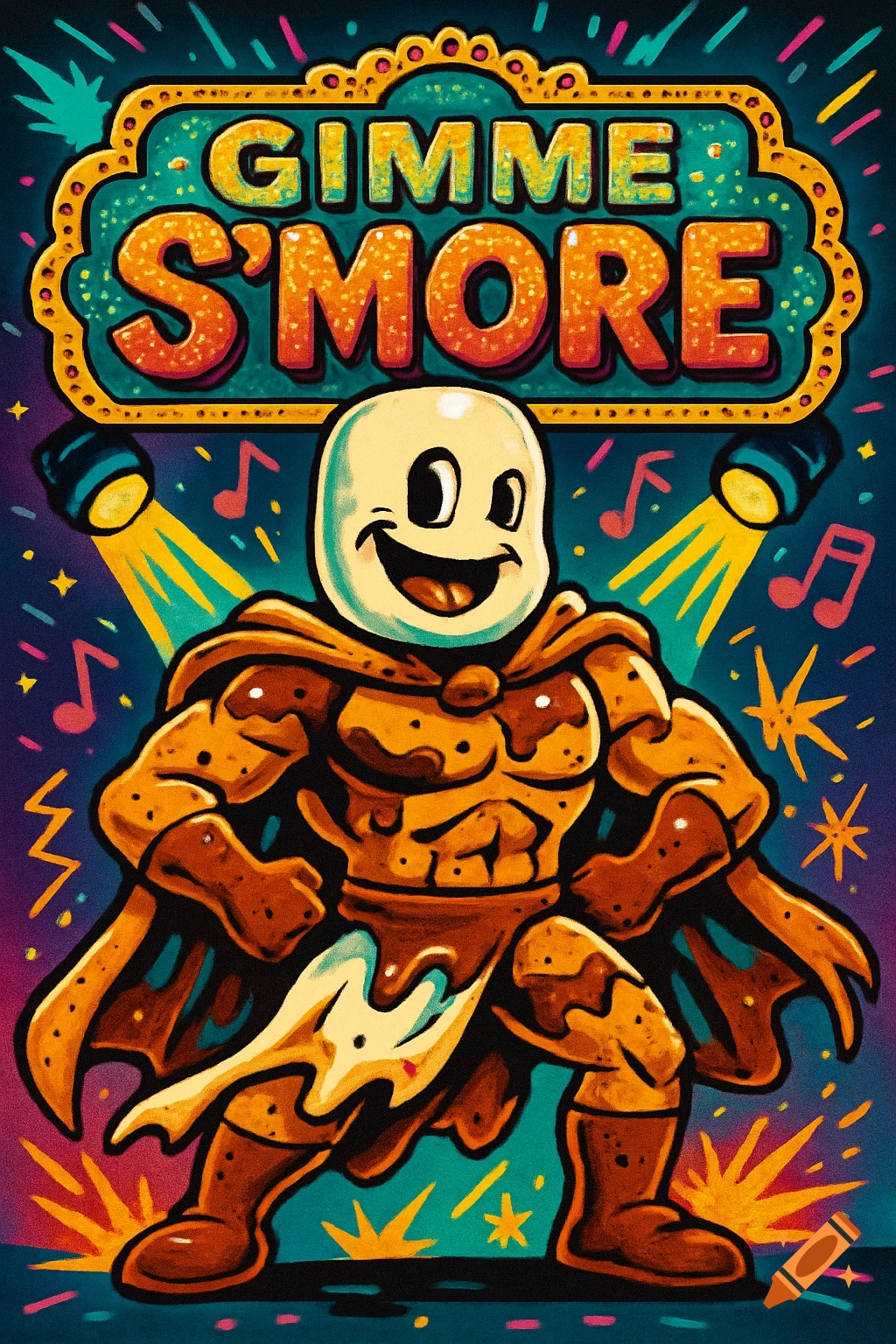 A vibrant cartoon poster depicts a marshmallow-headed superhero made of s'mores, posing under a lighted sign that reads 'GIMME S'MORE'.