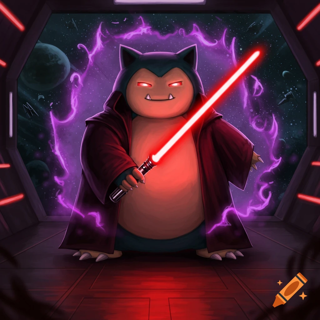 Snorlax as an evil Sith Lord, holding a red lightsaber with a purple aura, stands in a spaceship corridor overlooking space.