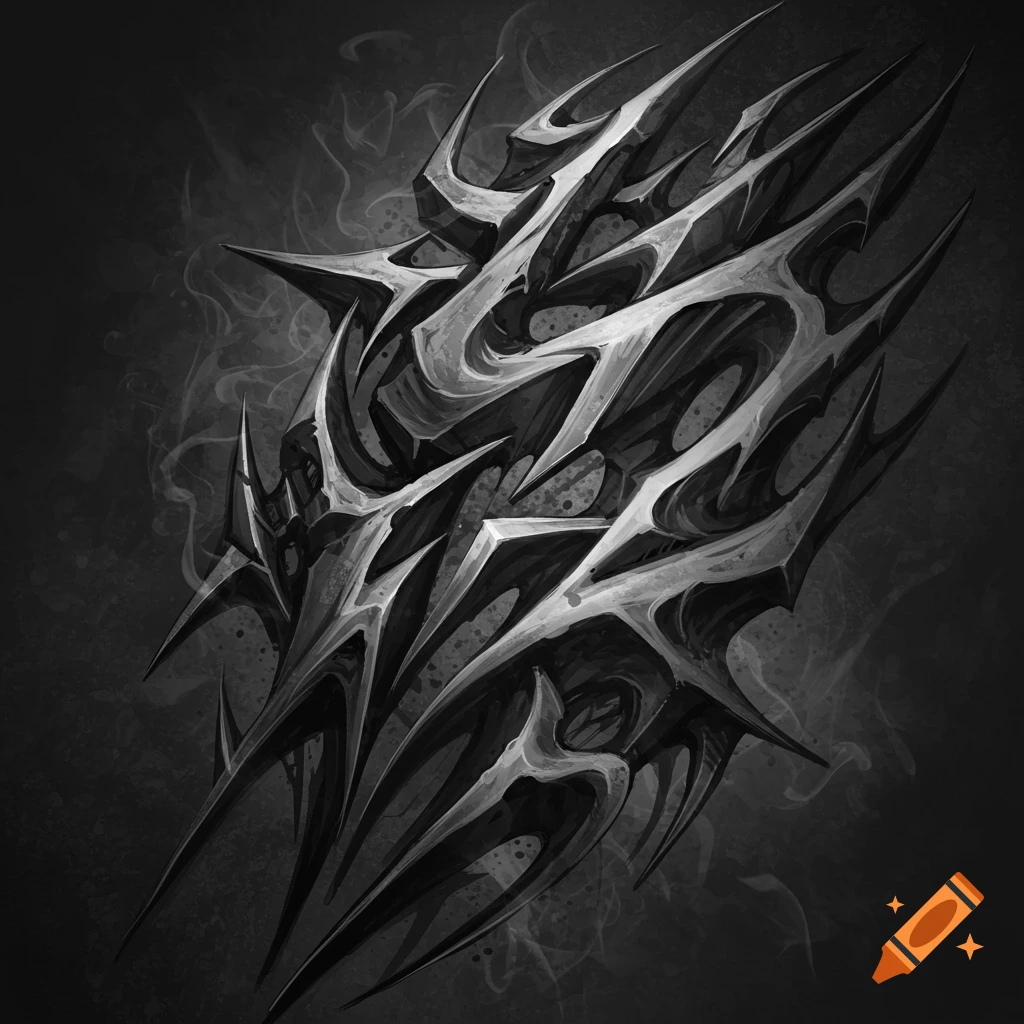 Abstract black and grey tribal tattoo design with sharp, spiky, and swirling patterns.