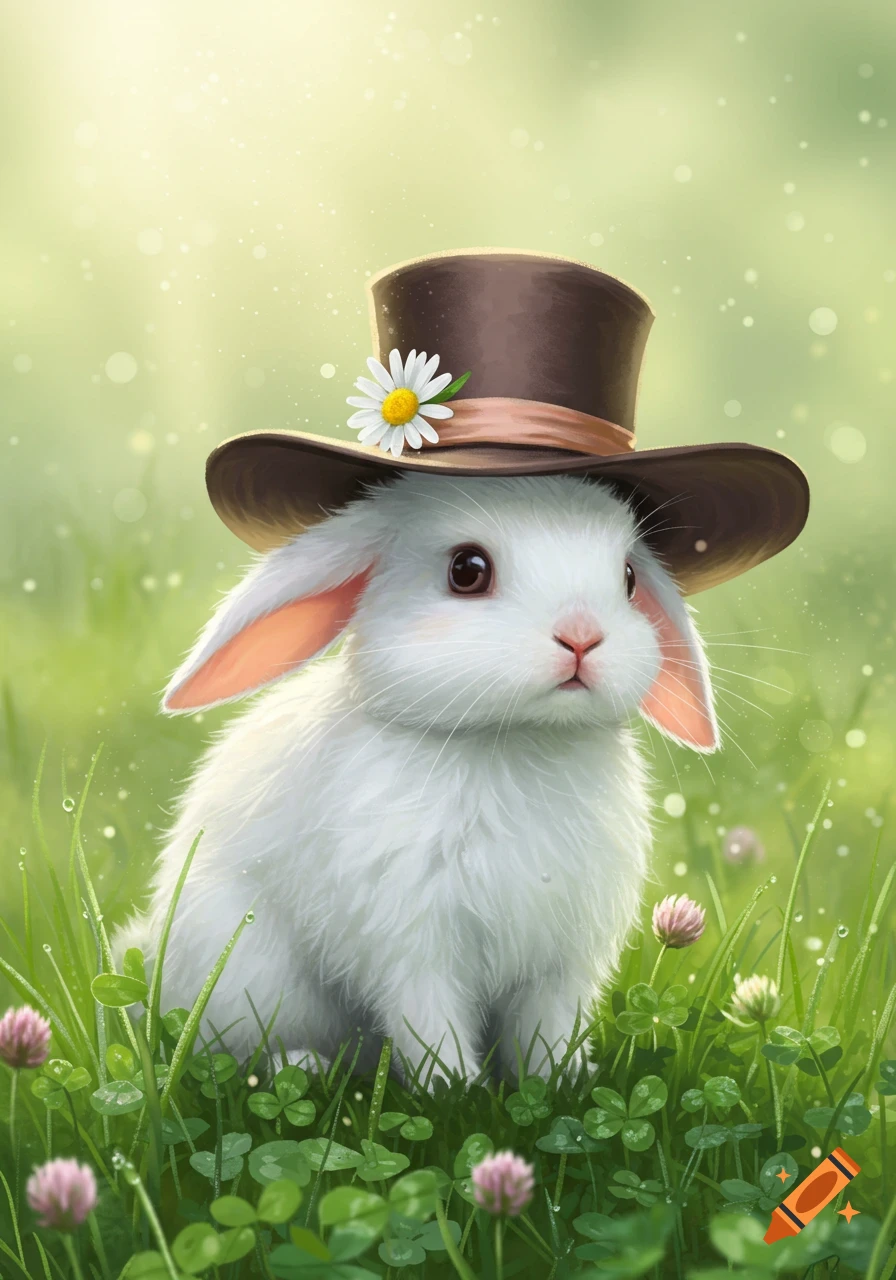 A cute white bunny wearing a brown top hat with a daisy, sitting in a green grassy field, digital painting.