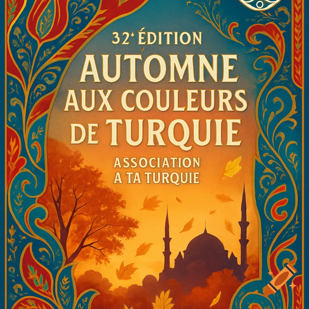 A colorful poster with Turkish-inspired borders and text. The bottom features a silhouette of a mosque, an autumn tree, and falling leaves against an orange sky.