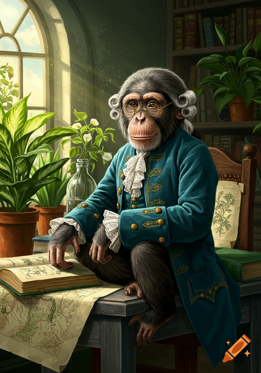 A chimpanzee in a powdered wig, glasses, and teal historical coat sits on a desk with an open book and map, surrounded by plants.