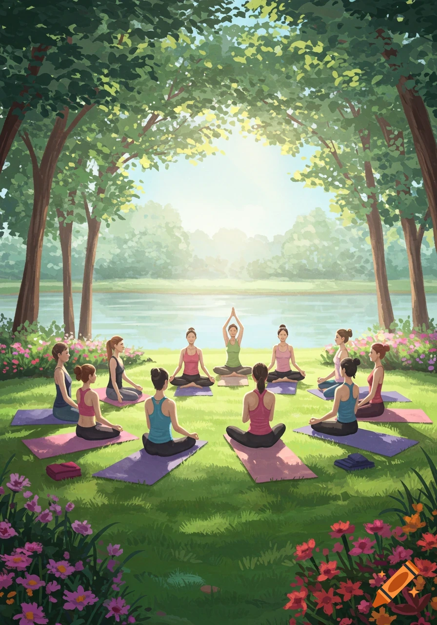 Illustration of women doing yoga poses on mats in a grassy park by a lake, surrounded by trees and flowers.