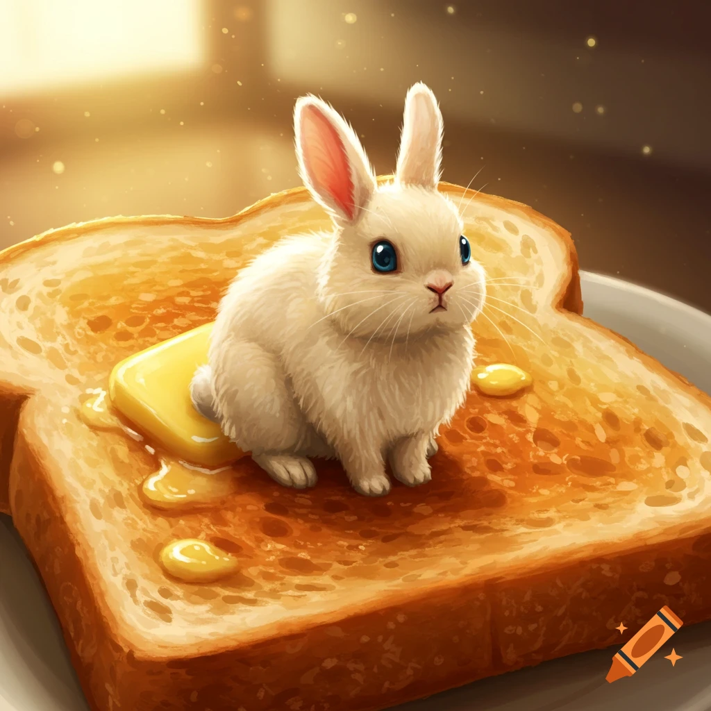 A small, fluffy white bunny with blue eyes sits on a slice of buttered toast.
