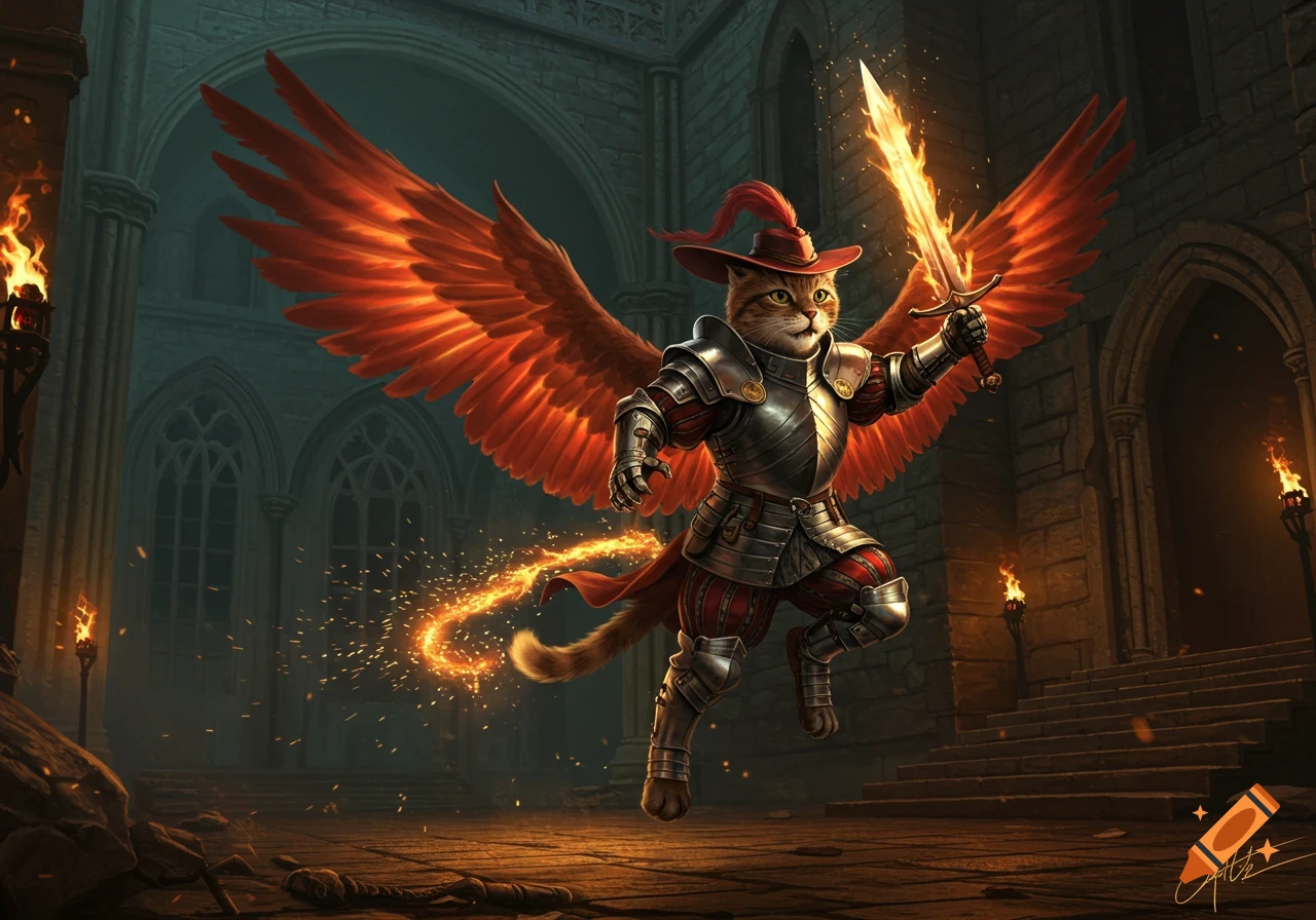 A winged cat knight in armor and a red hat, holding a flaming sword, jumps in a dark castle.