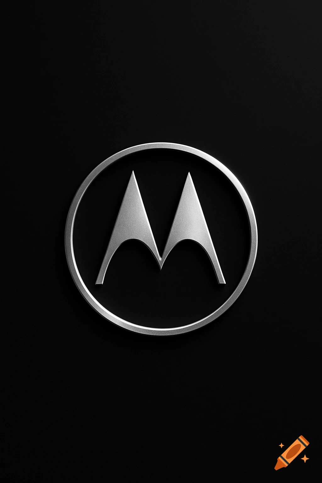 A metallic silver Motorola "batwing" logo, stylized as a double M, encased in an oval on a dark black background.