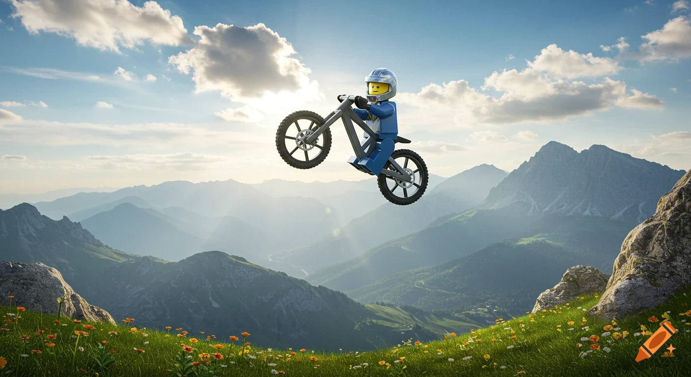 A photorealistic image of a Lego man on a mountain bike mid-air over a lush green mountain landscape under a bright blue sky.