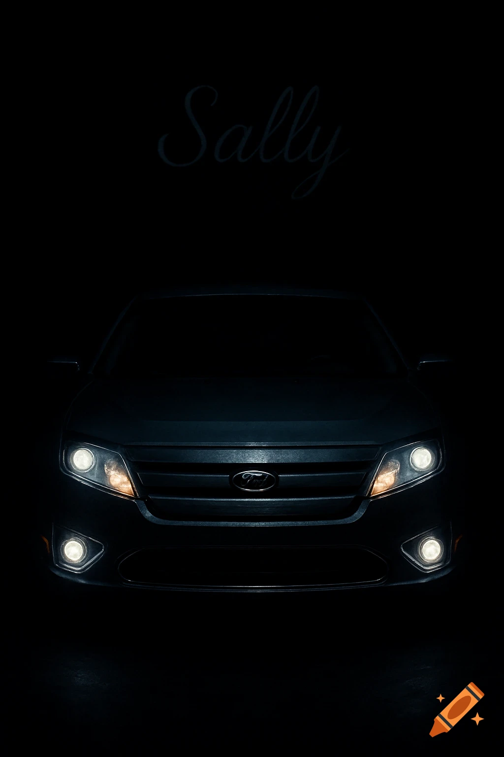 Front view of a dark Ford Fusion car with its headlights and fog lights on, in a dark setting, with the name 'Sally' written in cursive above.