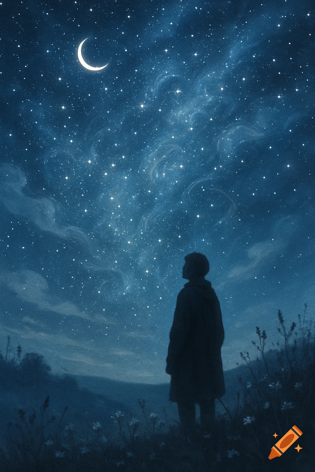 Silhouette of a person gazing at a dark blue night sky filled with numerous stars and a crescent moon.