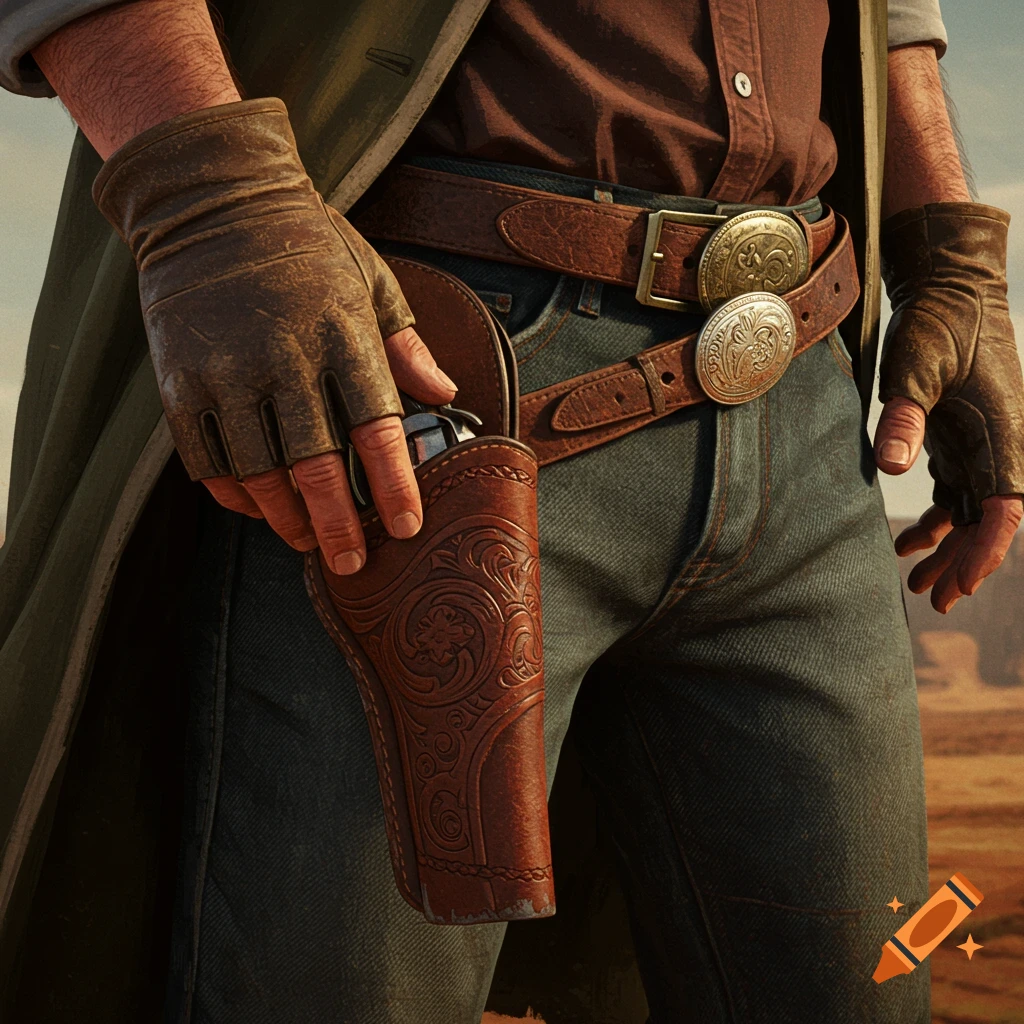 Close-up of a cowboy's gloved hands near a decorative gun holster on a belt, dusty jeans visible, western style.
