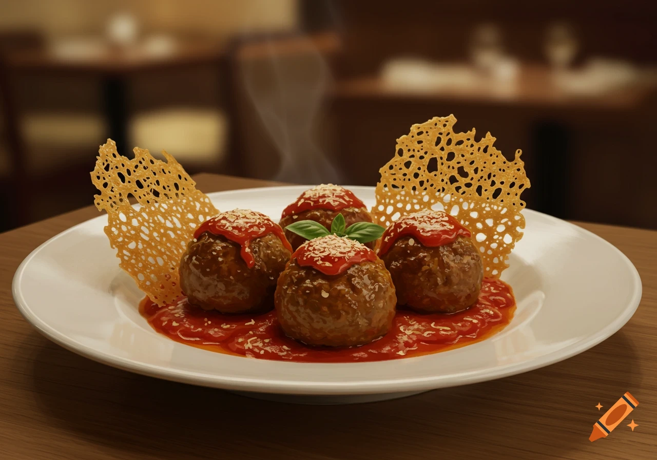 Four steaming meatballs topped with red sauce, basil, and parmesan crisps on a white plate in a restaurant.