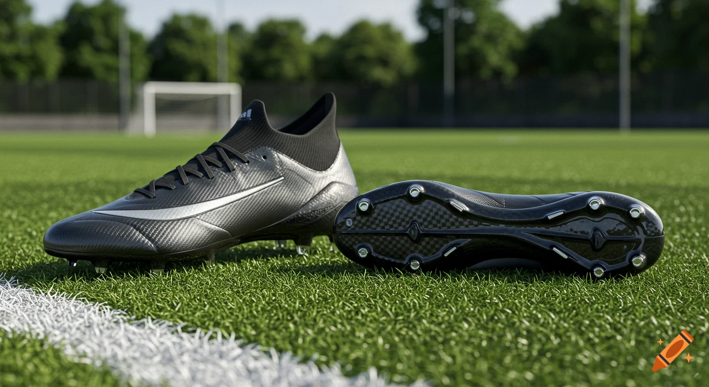 Close-up of a black carbon fiber soccer cleat and its sole, resting on a lush green grass soccer field near a white line.