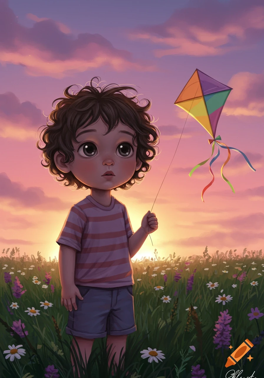 A cute cartoon child with curly hair holds a colorful kite in a field of flowers at sunset.