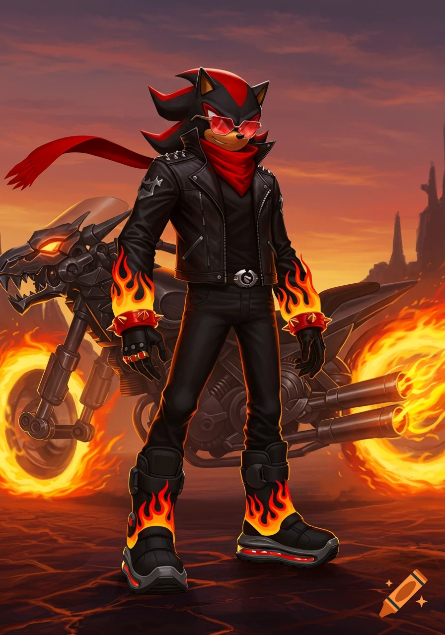 Shadow the Hedgehog biker in black leather jacket, red scarf, sunglasses, with flame accents, standing by a dragon motorcycle.