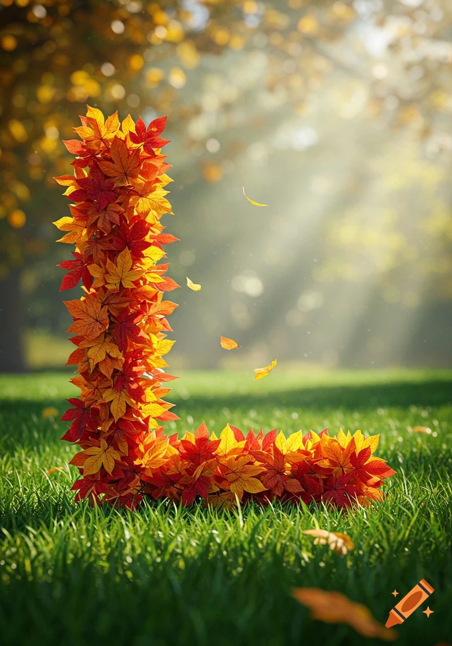 Two large letter L shapes formed from vibrant red and yellow autumn leaves on green grass with sunlit trees in the background.
