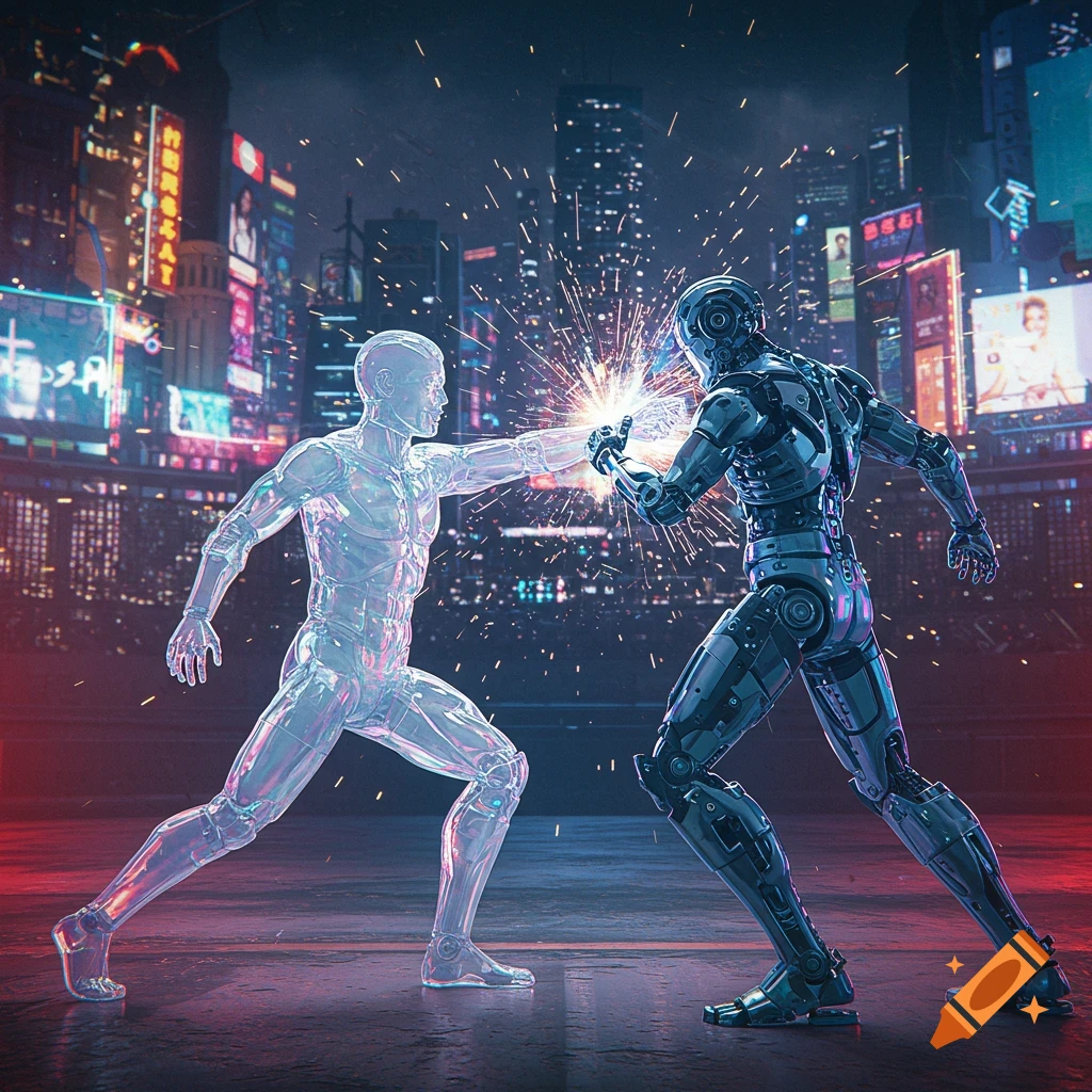 A translucent plastic man fights a metallic robot in a futuristic cyberpunk city with neon lights and sparks flying.