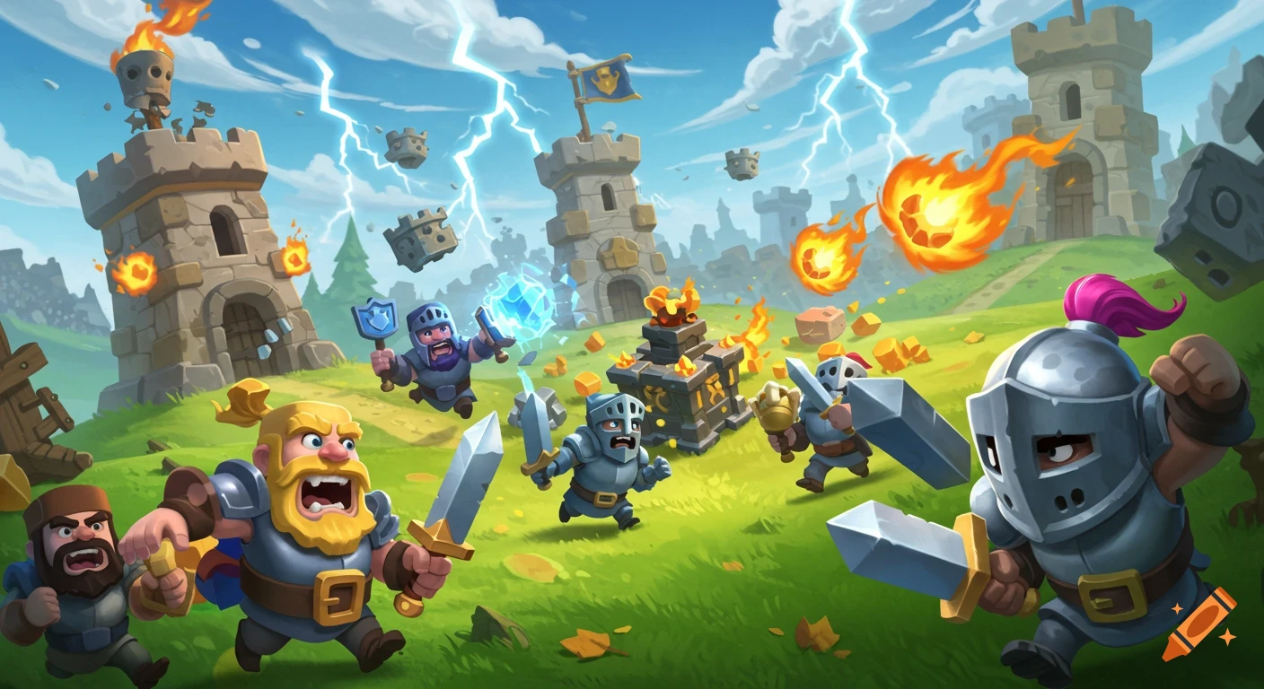 Cartoon knights battle around stone towers and a burning chest under a stormy sky, resembling a mobile strategy game.