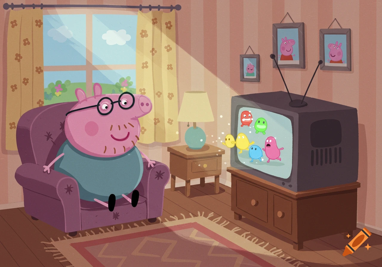 Cartoon Daddy Pig sits in an armchair, watching a colorful children's show on an old television in a cozy living room.