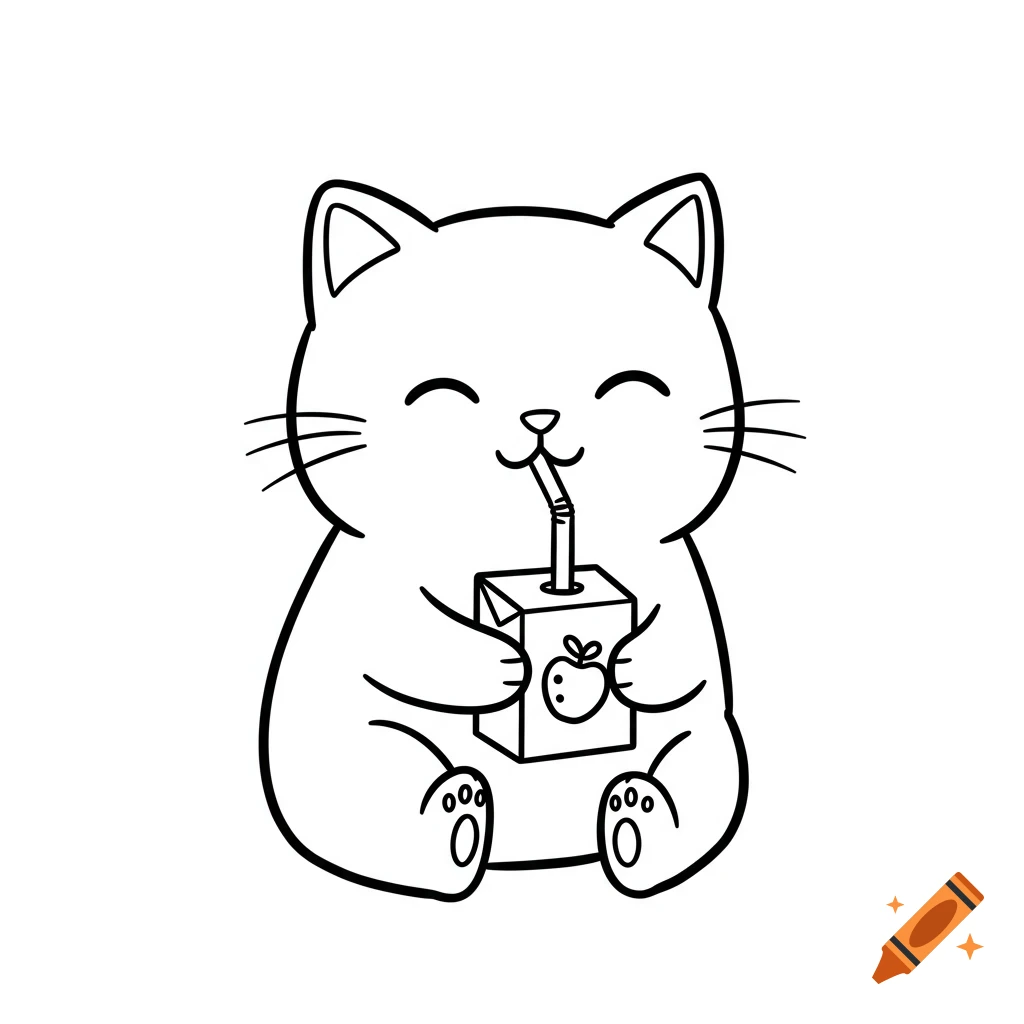 Minimalist black-and-white line art doodle of a cute kawaii cat happily drinking from a juice box.