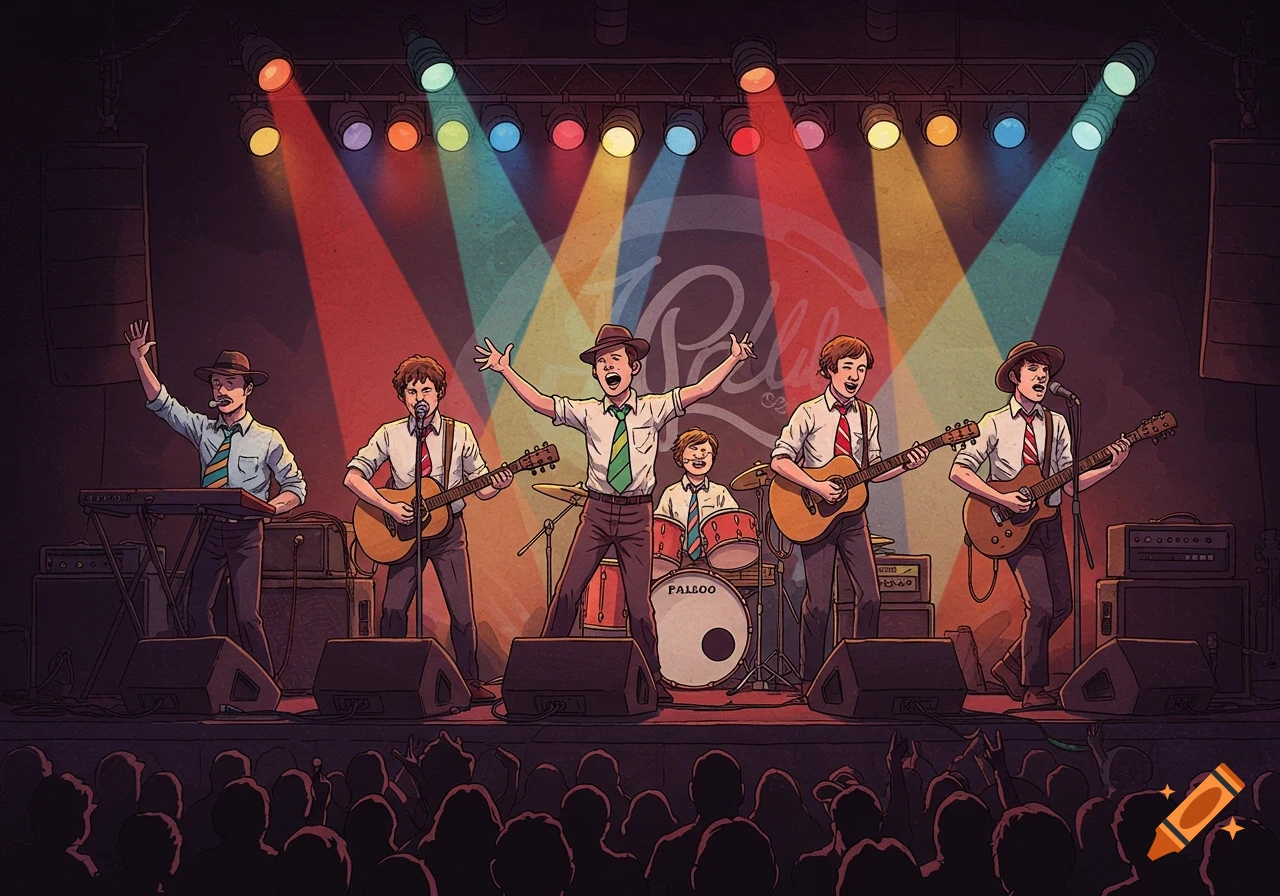 A cartoon rock band with five members performing on a brightly lit stage in front of a silhouetted audience.