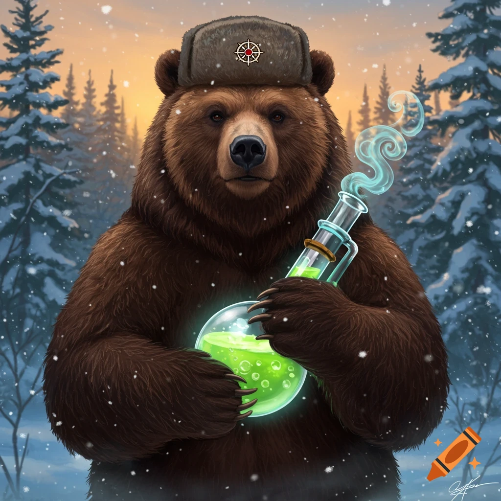 A brown bear wearing a fur hat holds a glowing green chemical flask in a snowy forest, digital illustration.