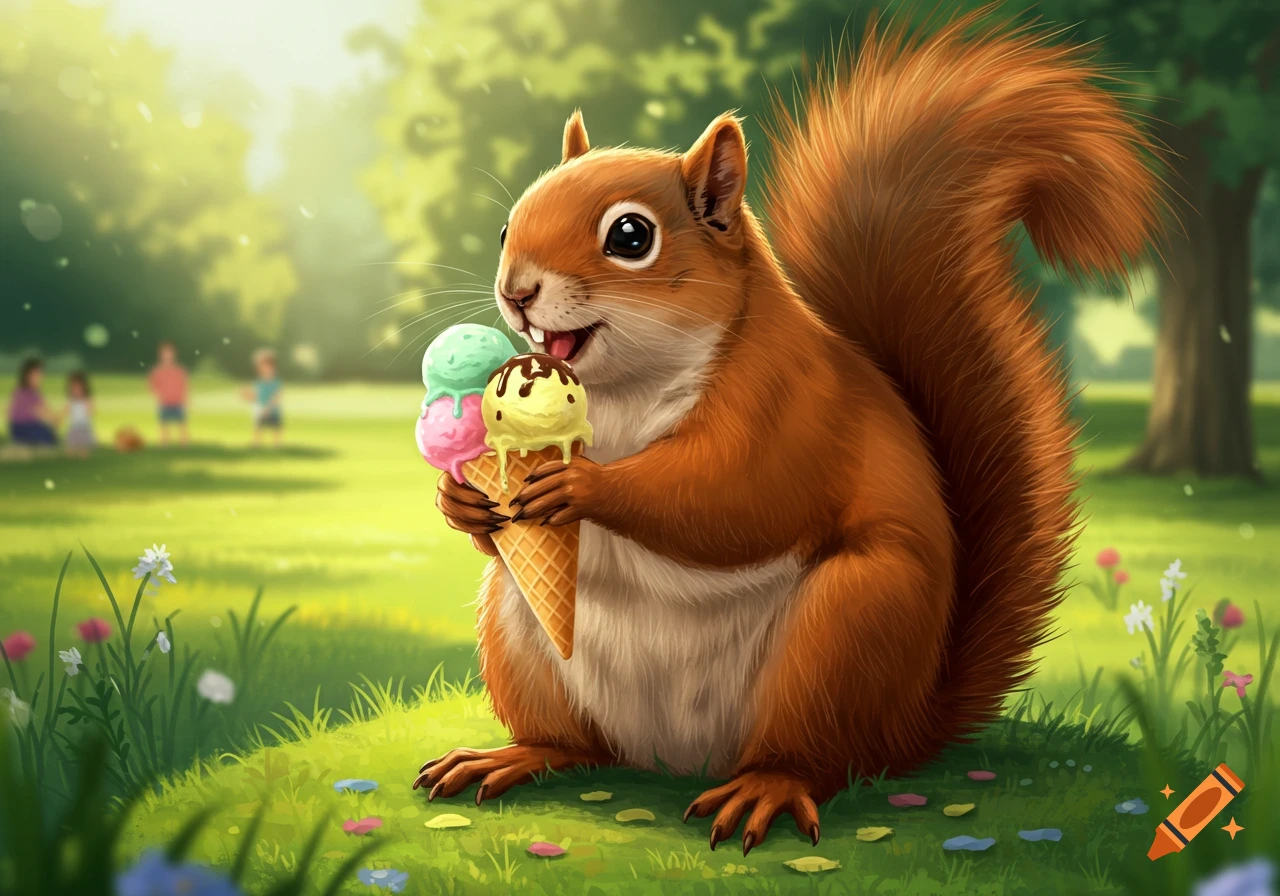 A cute, cartoon squirrel happily holds and eats a three-scoop ice cream cone in a bright green park.