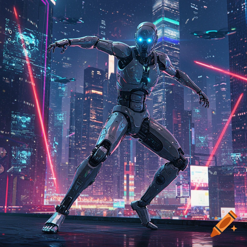A robotic figure with glowing blue eyes poses on a rooftop overlooking a neon-lit futuristic city with laser beams.