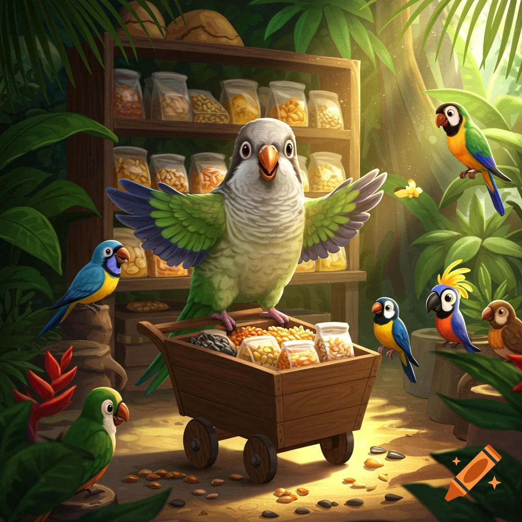Cartoon Quaker parrot standing on a seed cart, surrounded by colorful parrots in a vibrant jungle market.