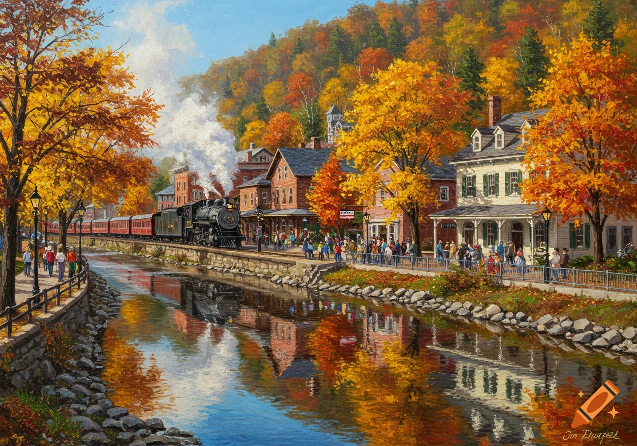 An oil painting depicts a scenic autumn town with a steam train pulling into a station next to a river reflecting colorful trees.