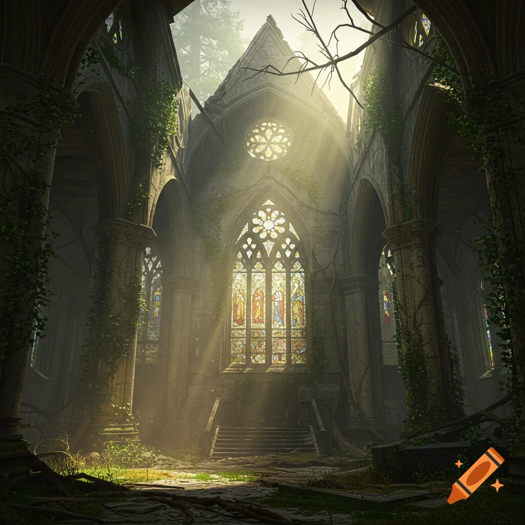 Sunlight illuminates a dilapidated, vine-covered church ruin with stained glass windows, creating an ethereal glow.