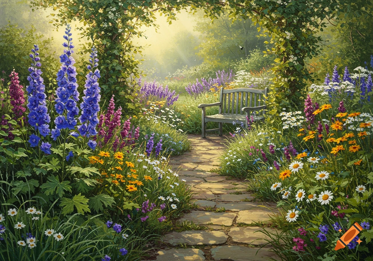 A serene garden path winding through vibrant blue, purple, yellow, and white flowers, with a wooden bench.