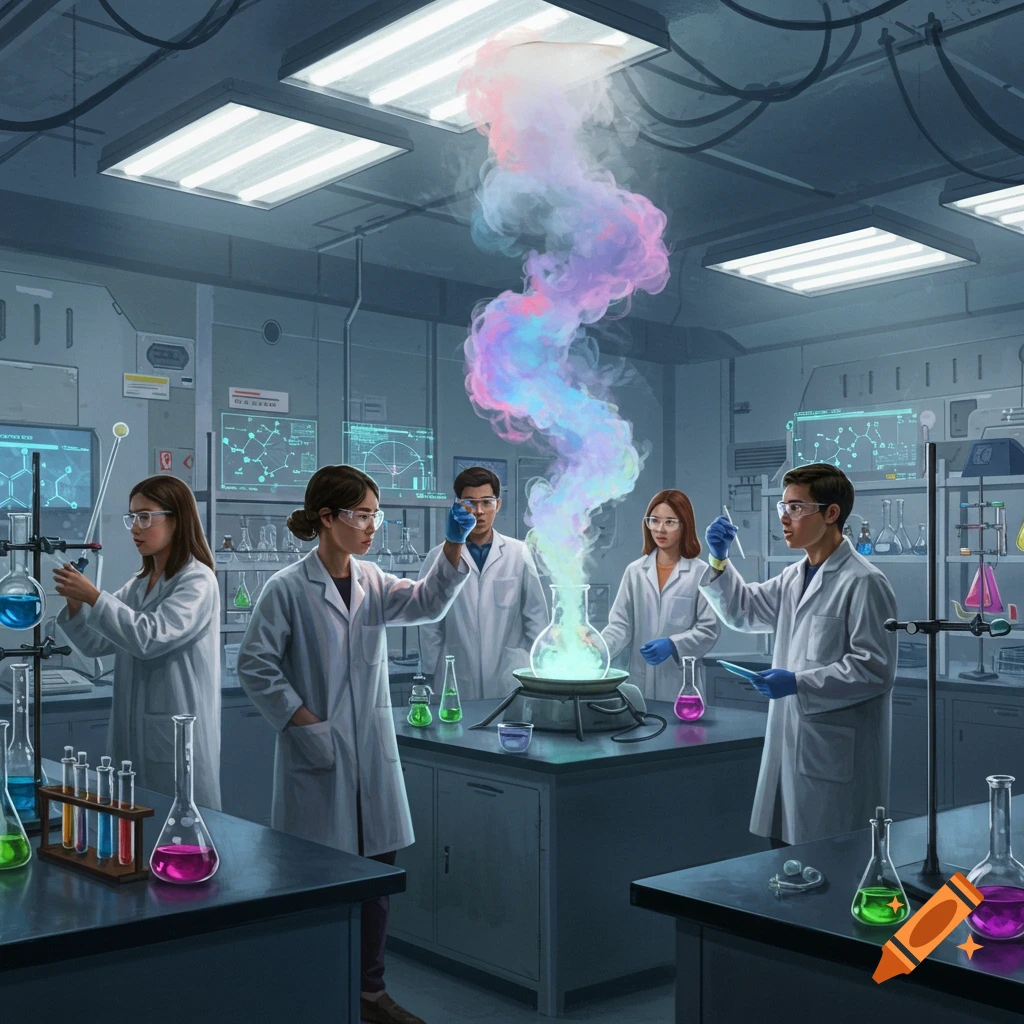 Five chemistry students in lab coats and safety glasses observe an experiment where a colorful gas rises from a flask in a dimly lit lab.