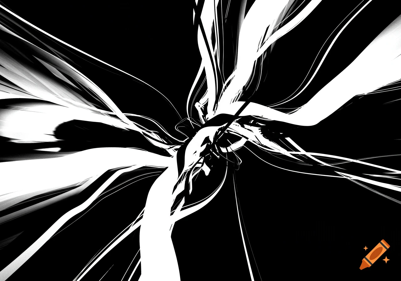 Dynamic black and white abstract with swirling, high-contrast lines radiating from a central point.