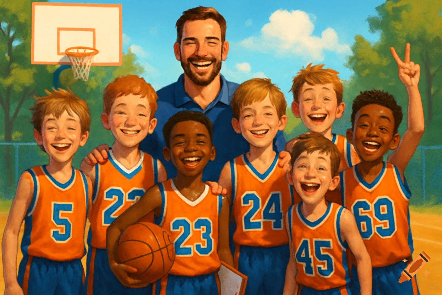 A smiling youth basketball team and their coach pose for a group photo on an outdoor court. The boys wear orange and blue jerseys with various numbers.