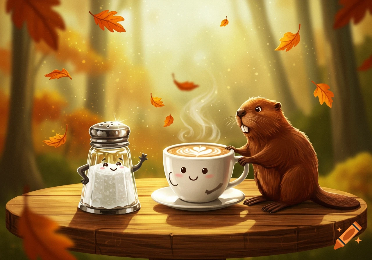 A cute animated salt shaker and smiling coffee cup on a wooden table, with a beaver next to them, in an autumn forest.