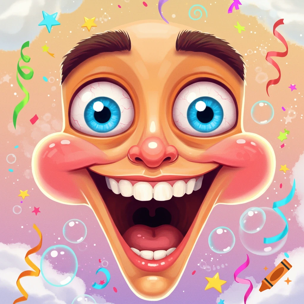 A vibrant, stylized cartoon illustration of an exaggerated, wide-eyed face with a big smile, surrounded by colorful confetti, stars, and bubbles.