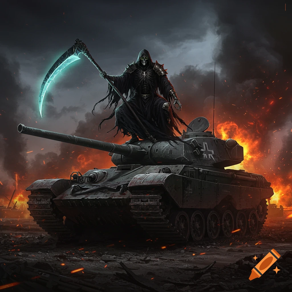 A Grim Reaper in a dark cloak stands triumphantly atop a military tank amidst a fiery, war-torn landscape, holding a glowing scythe. Dark fantasy art style.
